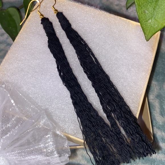Long Black Hand Crafted Macrame Style Fringe Gold Toned Dangle Earrings - Picture 4 of 9